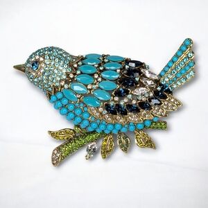 Heidi Daus Blue Bird Brooch Crystal Rhinestone Songbird Pin Gold Bronze Jewelry